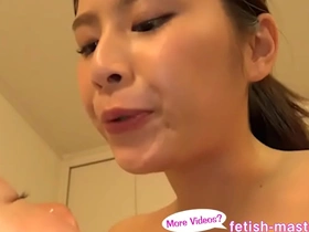 Japanese beauty indulges in fetishy face and body worship with saliva