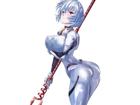 Rei Ayanami's voluptuous features in seductive cosplay attire